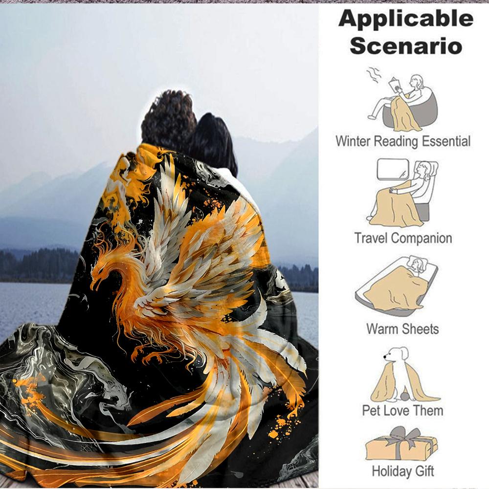 1Pc Golden Phoenix Flannel Blanket, Soft And Comfortable, Casual Warm, Camping Travel, Christmas, Halloween Xmas Gift. G1230