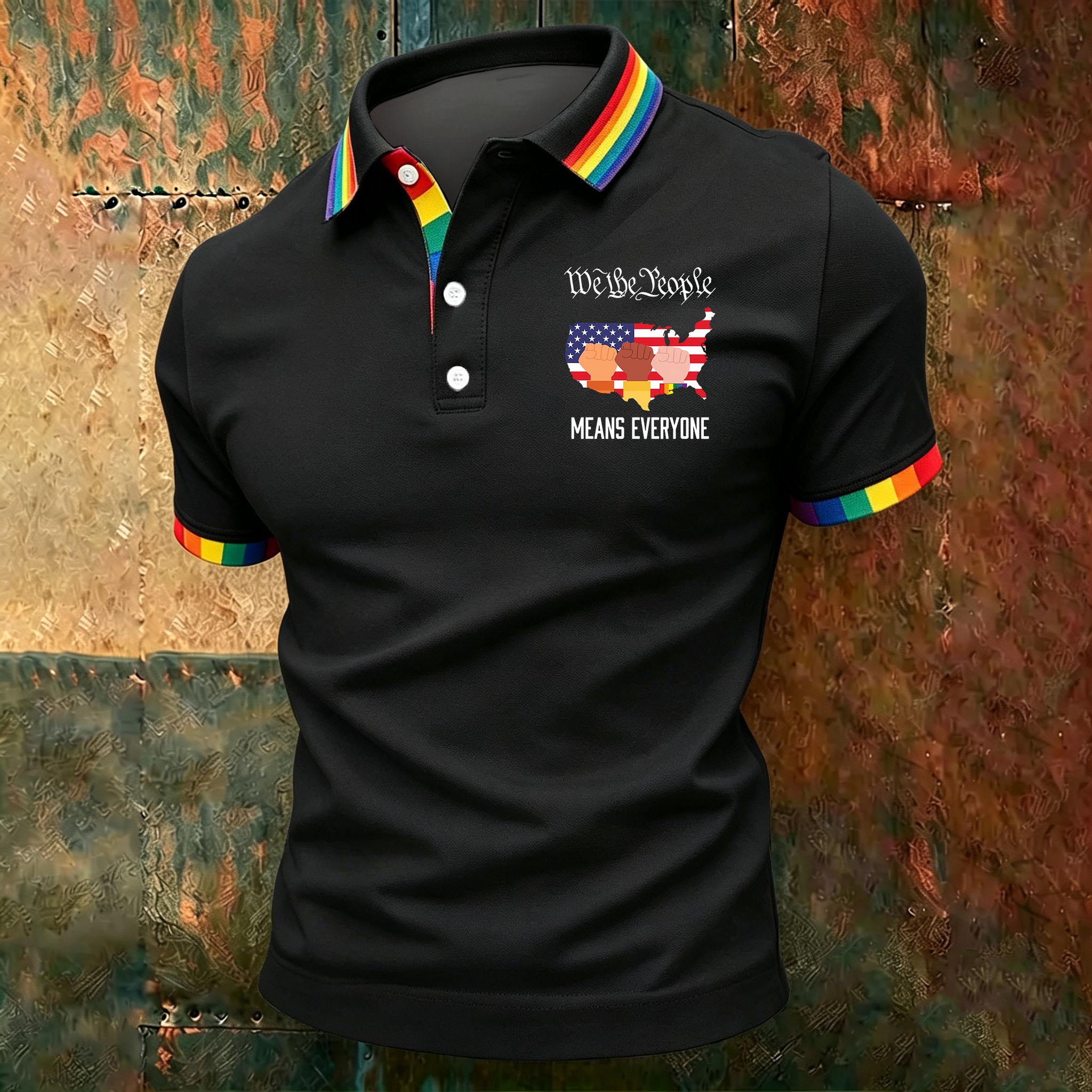 

Short Sleeve Polo Shirt with Button Placket Rainbow Trim and Graphic Print for Men Casual Collar Top XL чорний