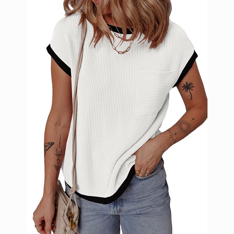 Ladies Summer Short Sleeve O Neck Solid Color Pullover Knitted T Shirt Top