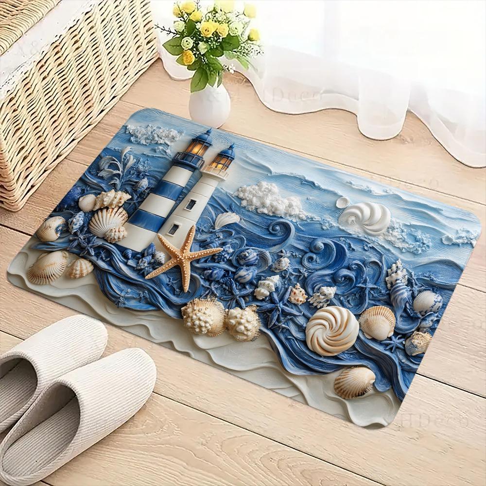 

Coastal Lighthouse Seashell Doormat Soft Comfortable Rug, Easy Clean Decorative Door Carpet for Living Room Bedroom Decor 40x60cm