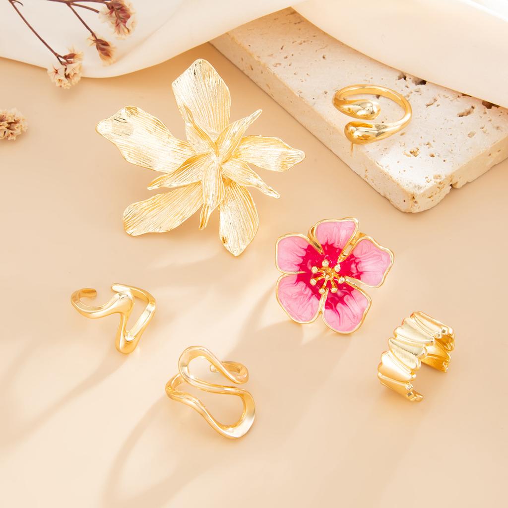 Sweet Ins Pink Oil Drop Flower Ring, Stackable Irregular Starfish Open Band Ring For Women