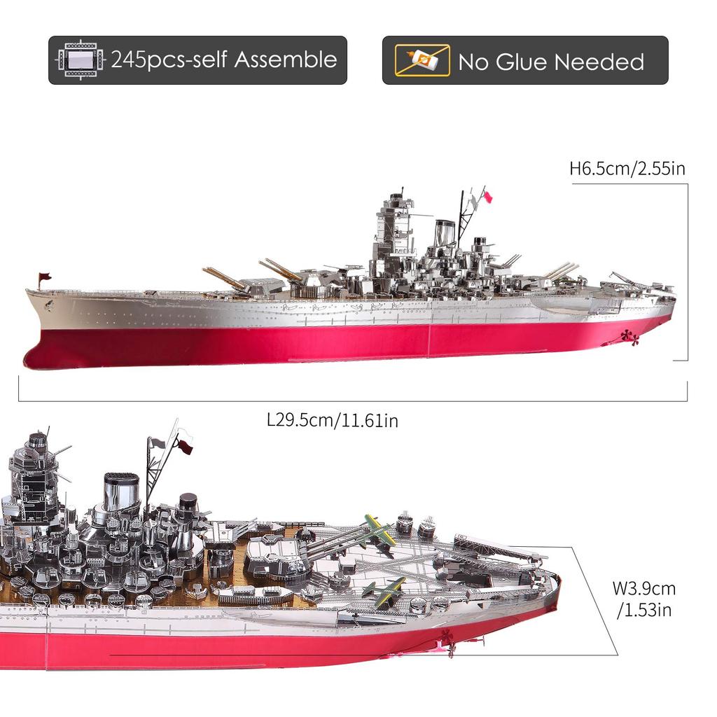 Piececool Metal 3D Puzzle: Yamato-class Battleship. Metallic Nano Puzzle. Assembly required, no glue needed. Difficulty level: 6 stars (intermediate).
