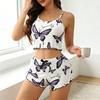Women's Cami Pajama Set 2 Piece Ribbed Sleeveless Crop Top And Shorts Camisole Pjs Set Summer Cute Butterfly Print Sleepwear