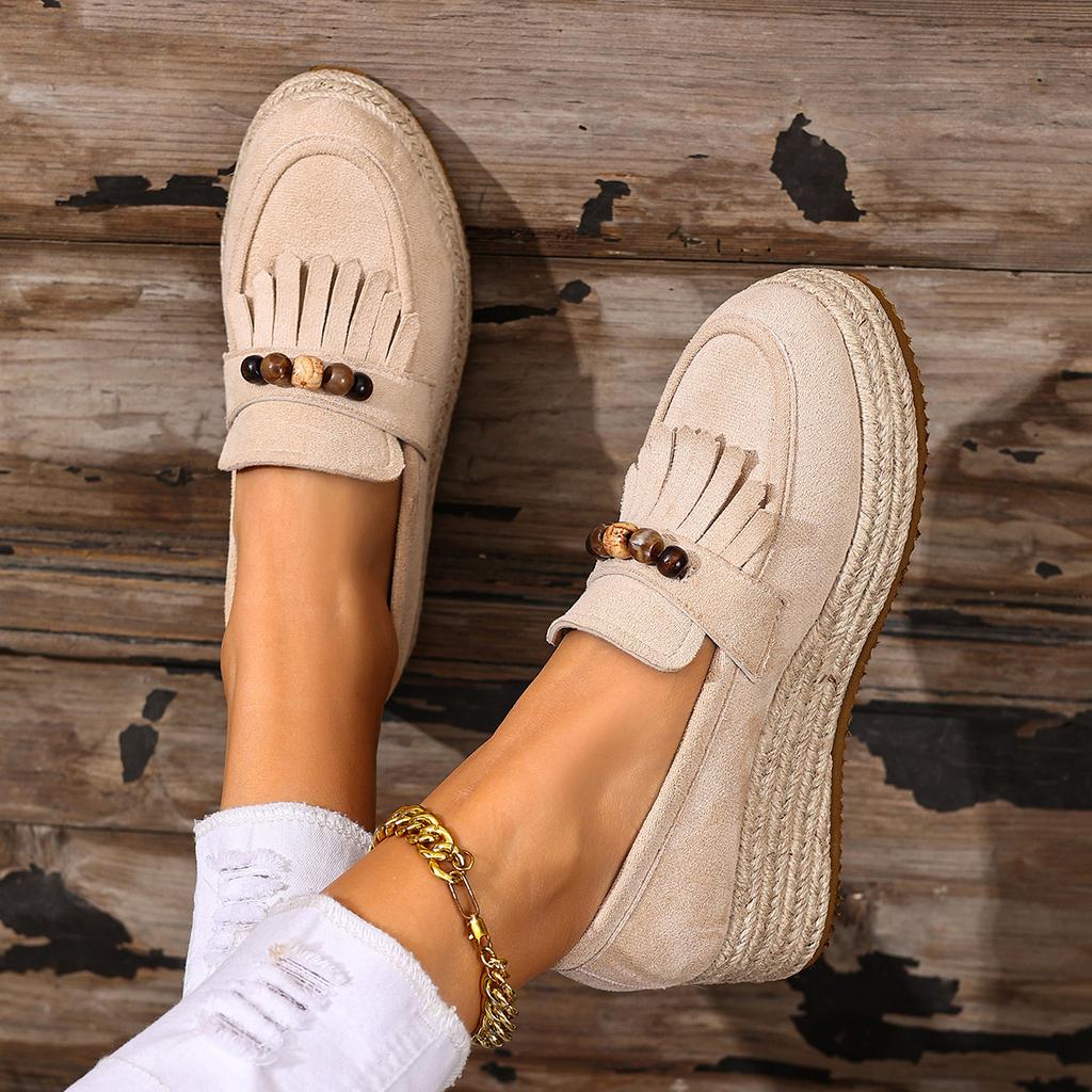 Scarpe Loafer Donna Autunno Decorazione con Perline Colorate Stile Bohemia Comfort Zeppa in Canapa Scarpe con Tasselli Moda Scamosciate Slip-On