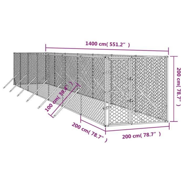 VidaXL Chenil d'extérieur pour chiens argenté 2x14x2 m acier galvanisé 3190454