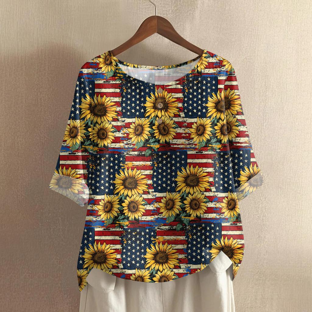 Women's Fashionable And Casual Shirt Half-sleeve Round Neck Print Cotton And Linen Blouse Top