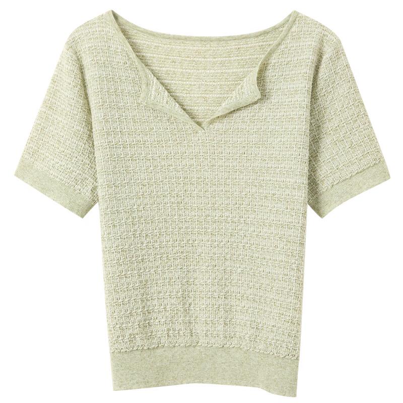 Sancai 2025 Spring V-neck Short-Sleeve Textured Knit Top