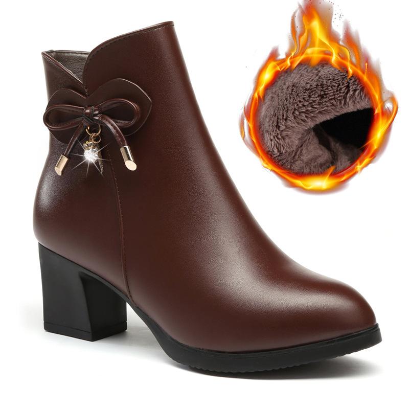 

мода Модные зимние ботинки на квадратном каблуке с застежкой-молнией для женщин Модные осенние ботильоны Повседневная женская обувь Ботинки из кожи с бабочкой и кристаллами 37(Foot23.5cm)