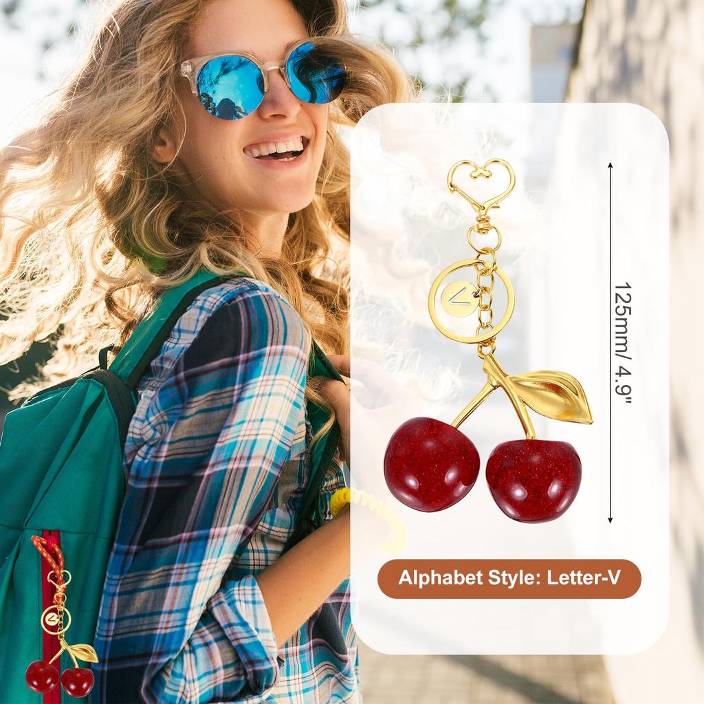 [uxcell] Initial Letter Keychain, Cute Cherry Alphabet V Letter Decor with Letter Pendant for Women and Girls, Keepsake Purse, Handbag, Backpack (Red)