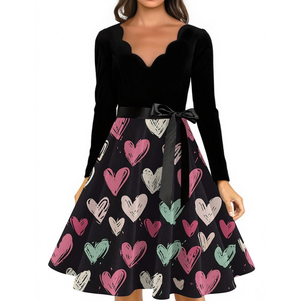 Damska stylowa i elegancka sukienka z długim rękawem, dekoltem w serek w kształcie serca na Walentynki