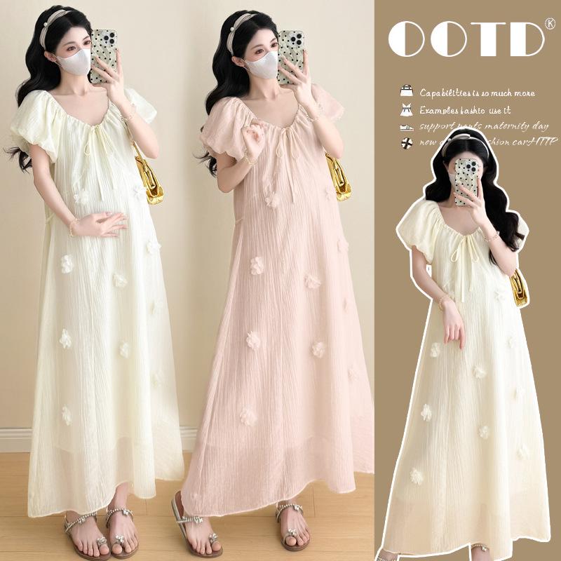 2026 Summer Korean Style Puff Sleeve Knee-Length Maternity Dress