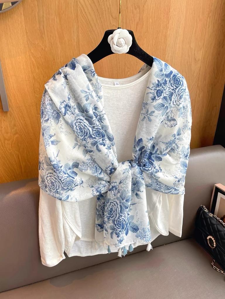 Women'S Floral Print Scarf 180X90Cm Warm Fashion Shawl With Tassels Lightweight Rectangular Sand-Proof Beach Wrap Muslim Hijab