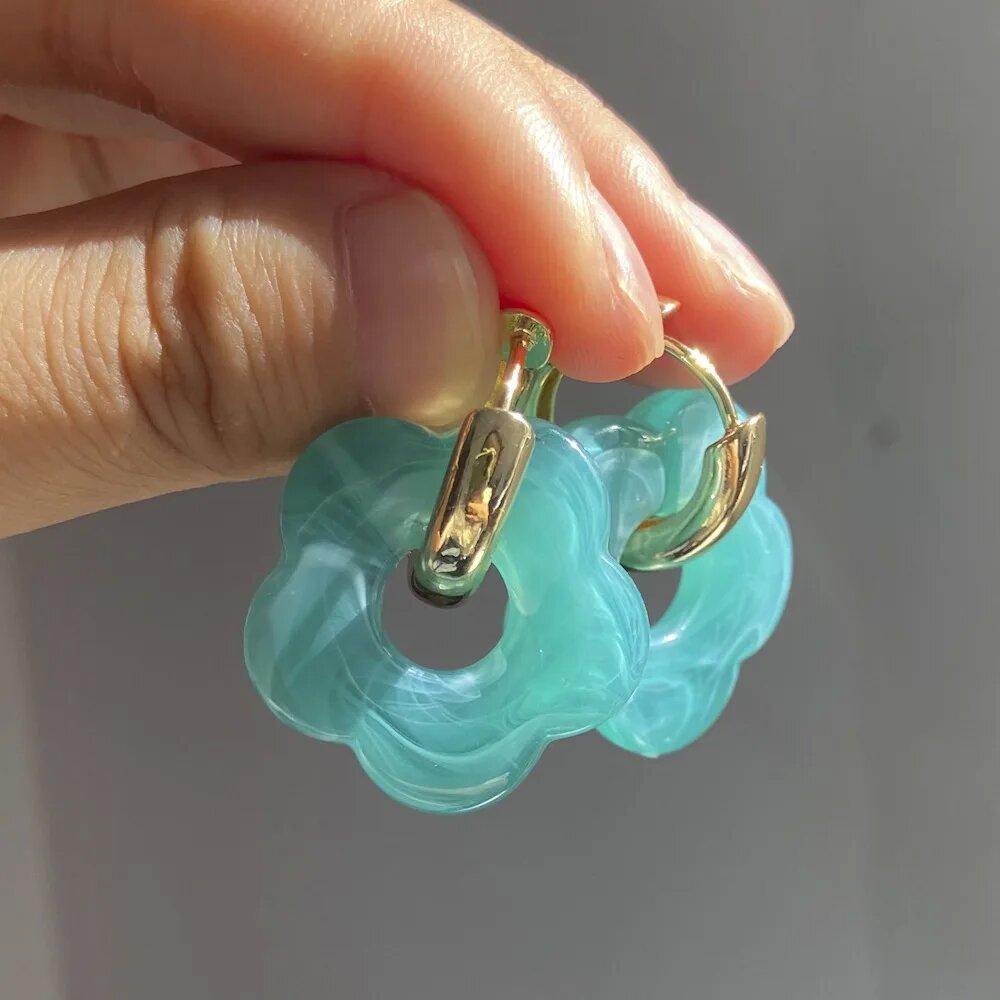 Cute Resin Colorful Flower Charms Earring Gold Color Circle Ear Buckle Hoop Earrings  Jewelry for Women