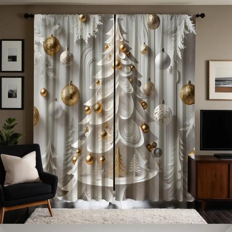 2pcs Elegant Gold Tree Pattern Curtains, Sophisticated Design Light - Filtering Polyester Curtains for Christmas Home Windows