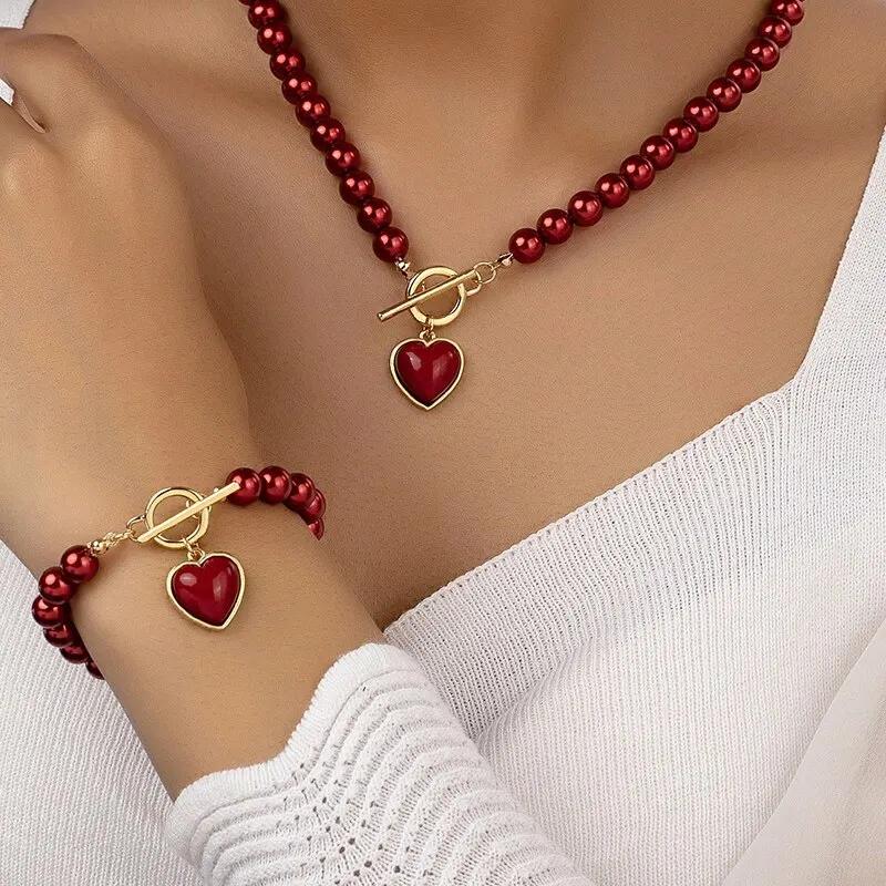 2PCS Immitation Pearl Necklace Bracelet Jewelry Set Elegant Love Pearl Color Pendant Natural Color Beads Collar for Girl Gifts
