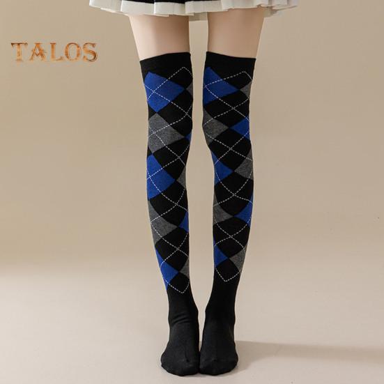 1 Pair Winter Socks Rhombus Printing Over-the-knee Socks Warm Extra Loose Ankles Contrasting Color Stockings for Daily Wear Dancing
