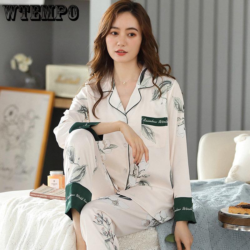 

Женские пижамы, брюки с длинными рукавами, простой кардиган с принтом и лацканами, женская домашняя одежда, 2 комплекта M