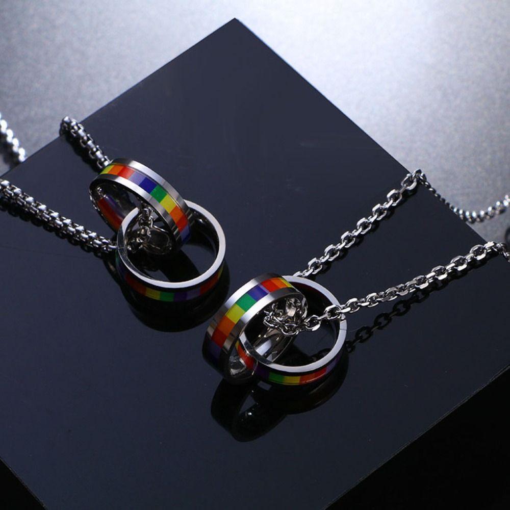 Pride Day Ring Pendant Necklace Turkish Charm Titanium Steel Necklace Rainbow Necklace  Pride Month