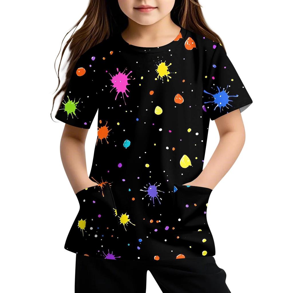 Dětské triko s krátkým rukávem a kapsami pro volný čas Tričko s kulatým výstřihem, svetr s kulatým výstřihem