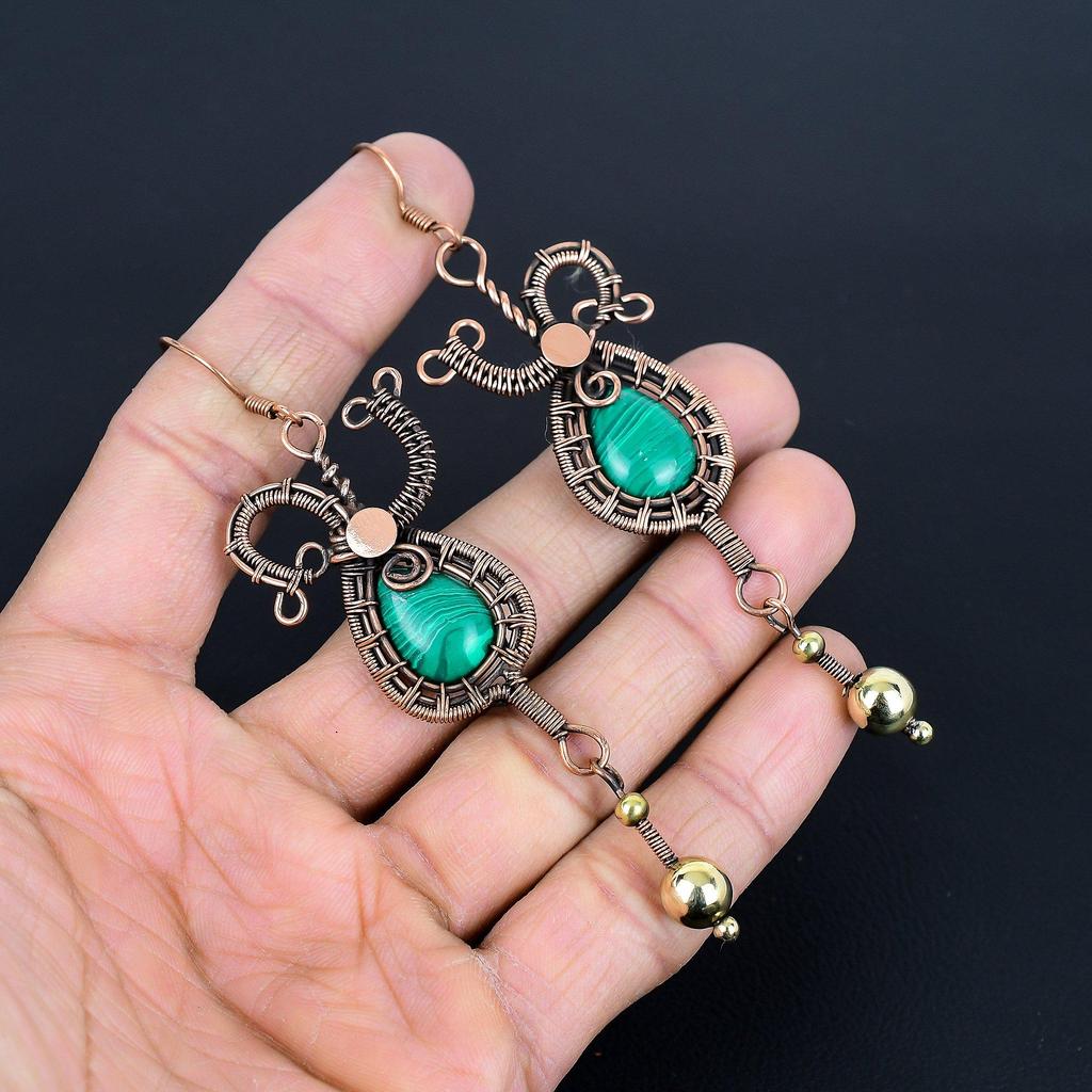 Malachite Earrings, 999 Copper Wire Wrapped Jewelry, Gift For Women Handmade Earrings Gemstone Jewelry
