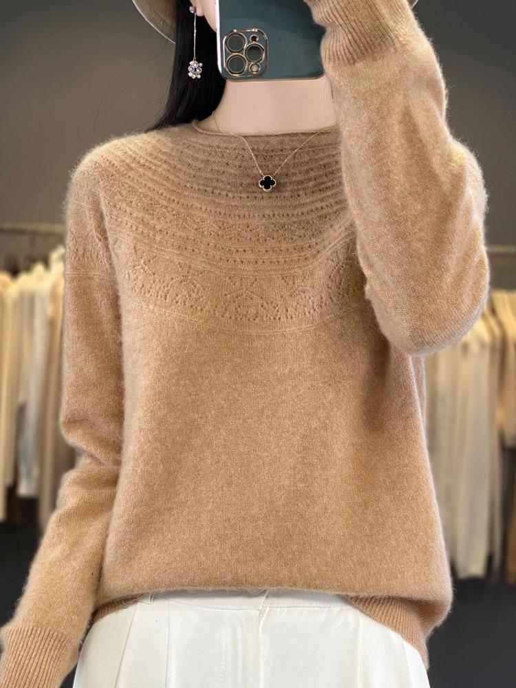 Autumn/Winter Women's Loose Knit Pullover: Long Sleeve, Rolled Hem, Round Neck Base Layer.