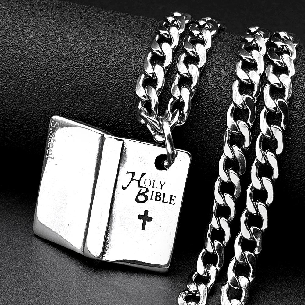 Christian Holy Bible Book Cross Pendant Necklace For Women Men Stainless Steel Silver Color Punk Retro Metal Chain Jewelry Gift