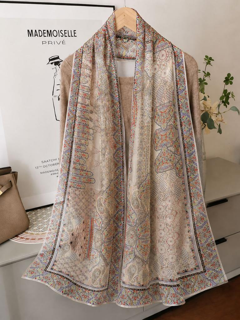 Fashion new long silk scarf women's Korean version line printing simulation silk medium length thin scarf sunscreen shawl