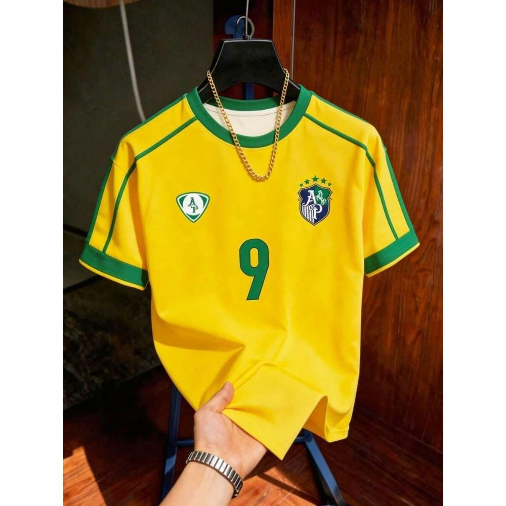 Brasile Rio De Janeiro Maglietta da Calcio Gialla Verde Stampa Classica Brasile Leggera Comoda Casual Streetwear Regalo per i Fan