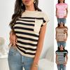 Women's Crew Neck Cap Sleeve Striped Knit Pullover Top Casual Patch Pocket Soft Stretch Knitted Sweater For Spring Summer Daily Wear
