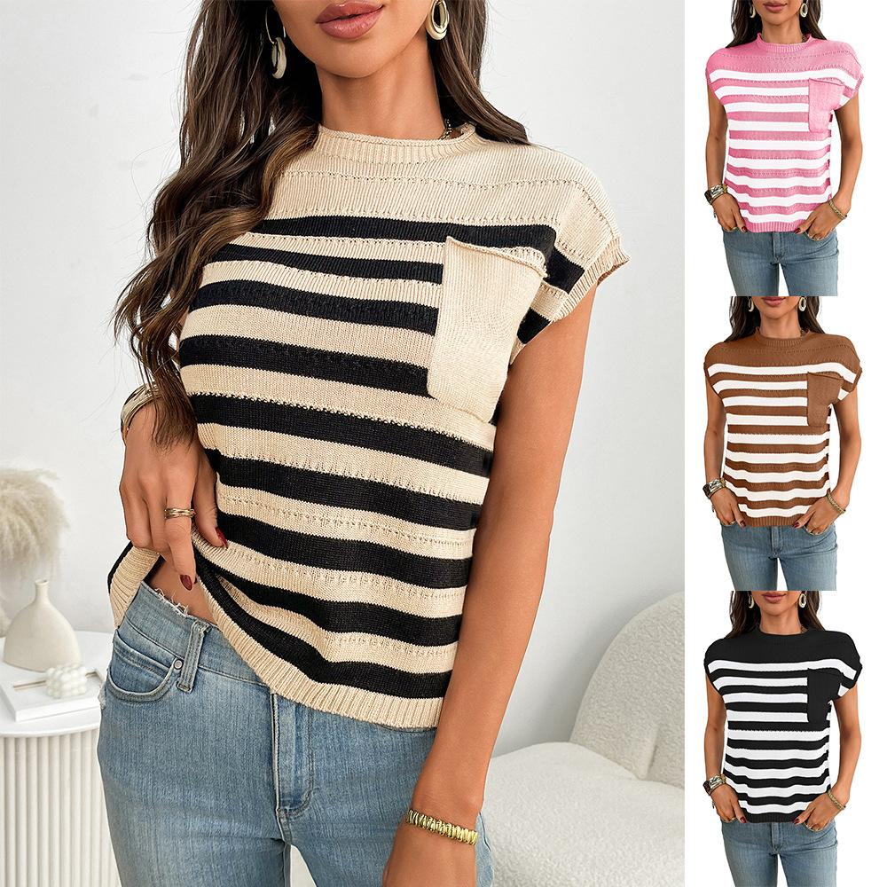 Women's Three‑Quarter Sleeve Knit Top Crew Neck Vintage Striped Pullover Sweater