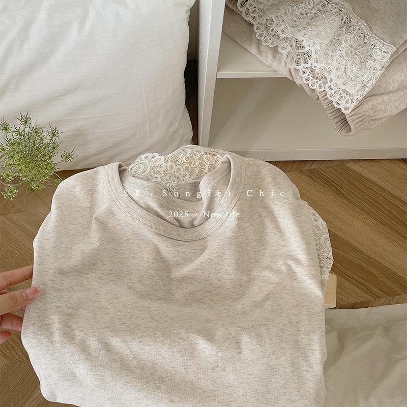 

Lace crew neck polished pajamas set autumn and winter new Lyocell loose soft loungewear two-piece set women average size (80-70 kg)