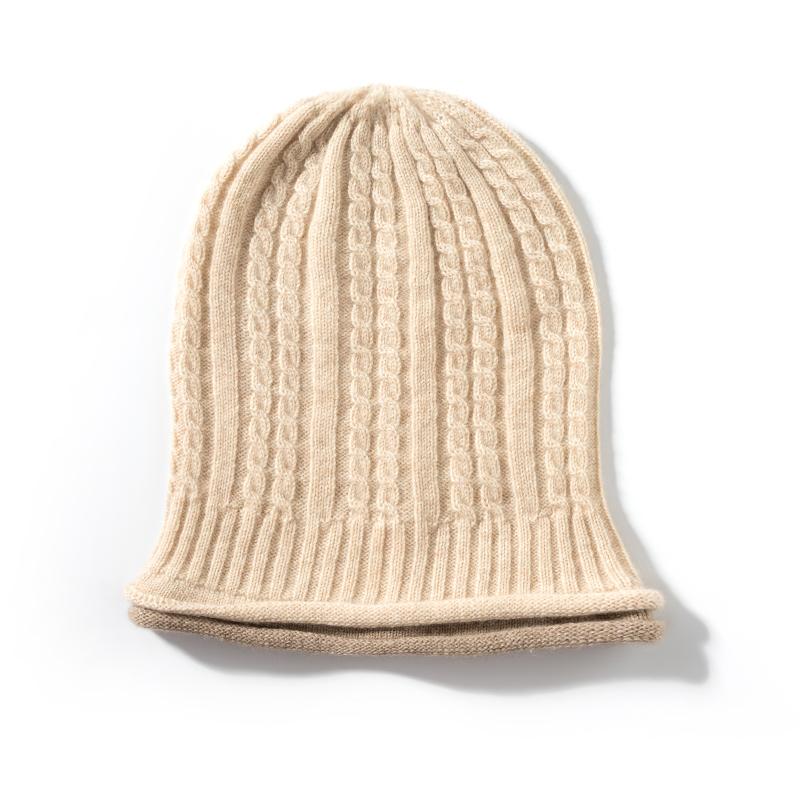 100% Cashmere Women'S Two-Color Rolled Edge Twisted Flower Knitted Pullover Hat Winter Warmth Ear Protection Pile Up Hat For Men
