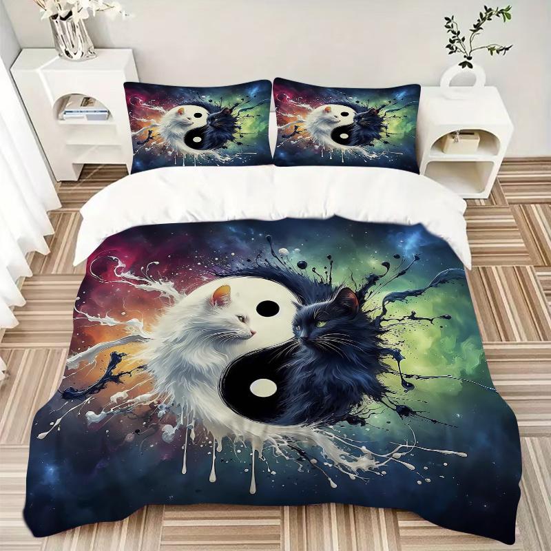 3pcs Yin Yang Cat Design Printed Quilt Set - Includes 1 Quilt Cover and 2 Pillowcases, Machine Washable - Suitable for All Seasons.M105