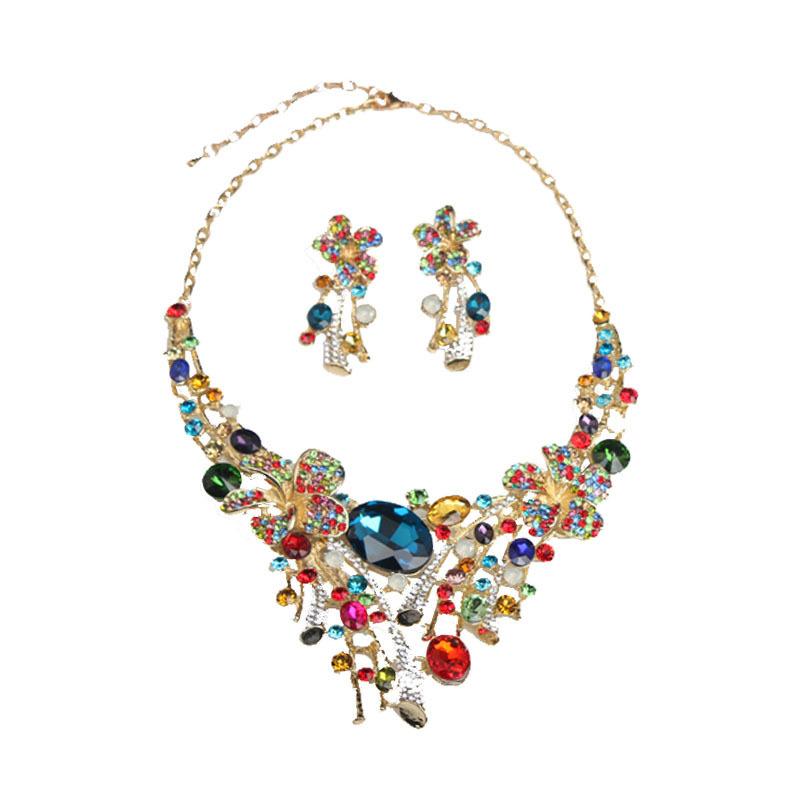European and American Brides Exaggerated Flower Color Necklace Earrings Set Wedding Banquet Jewelry Set