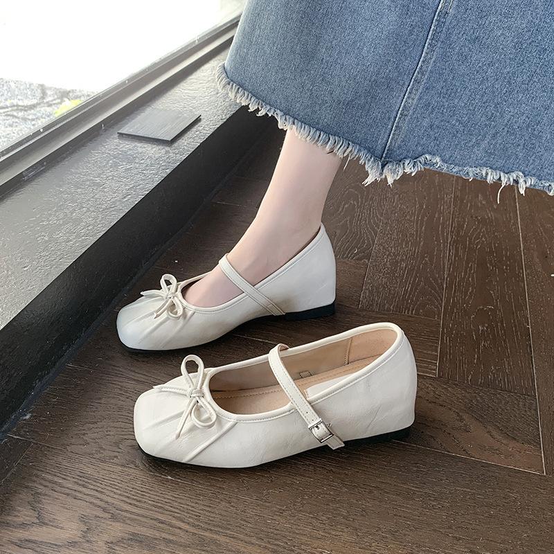 Inner Height Increase Versatile Shallow Mouth Single Shoes Women's 2025 Spring and Summer Retro Square Head Bow French One-word Buckle Mary Jane Shoes