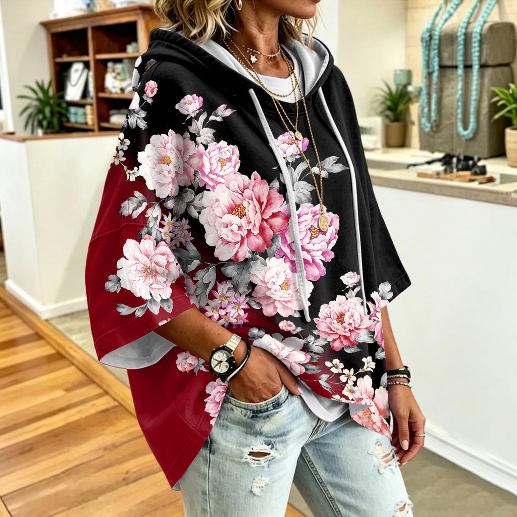 Women's Vintage Floral Print Drawstring Hoodie - Casual Loose Fit Sweatshirt Top