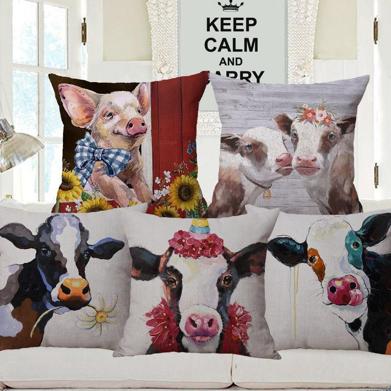 Kuh Handbemalt Kissenbezug Blumig Cartoon Tiere Dekorative Kissen Für Sofa Heimdekoration
