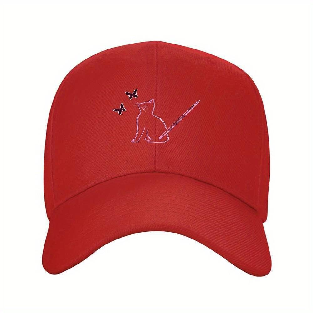 Cat And Butterfly Baseball Cap Minimalist Graphic Adjustable Polyester Sun Hat for Unisex