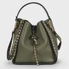 Women's Retro Rivet Cowhide Bucket Bag with Leopard Head Design