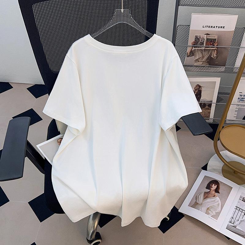 Plus Size Round Neck Loose Fit Mid-Length Short Sleeve T-Shirt for Women (200-350 Jin)