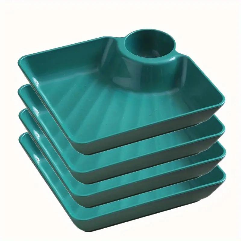 4Pcs Dumpling Plates With Sauce Dipping Compartment Square Plastic Serving Tray Tableware