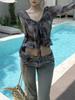 Women's Sexy Slim-Fit V-Neck Tie-Dye Mesh Long-Sleeve Top
