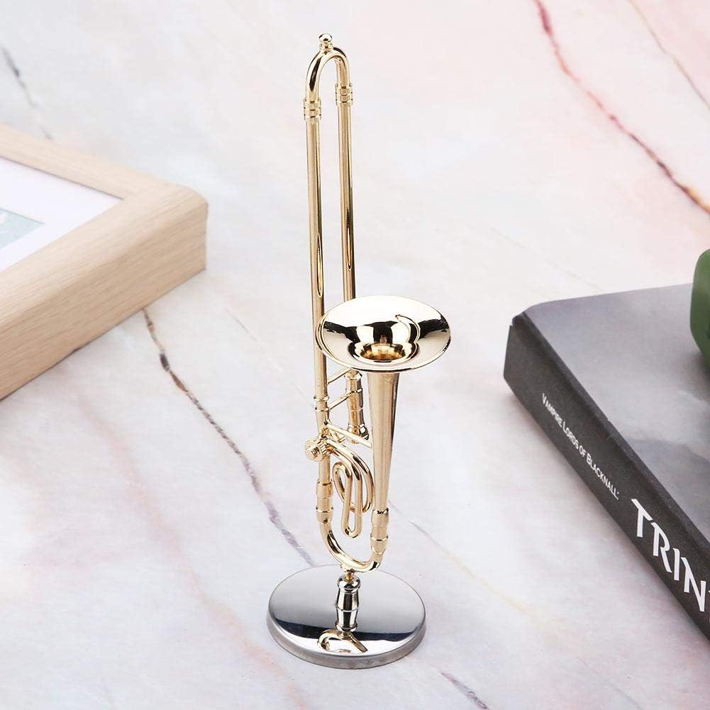 Trombon Miniatura Trombone Ornament Miniature Musical Instrument Trombone Model With Supoort And Case For Dollhouse Music Room Decoration