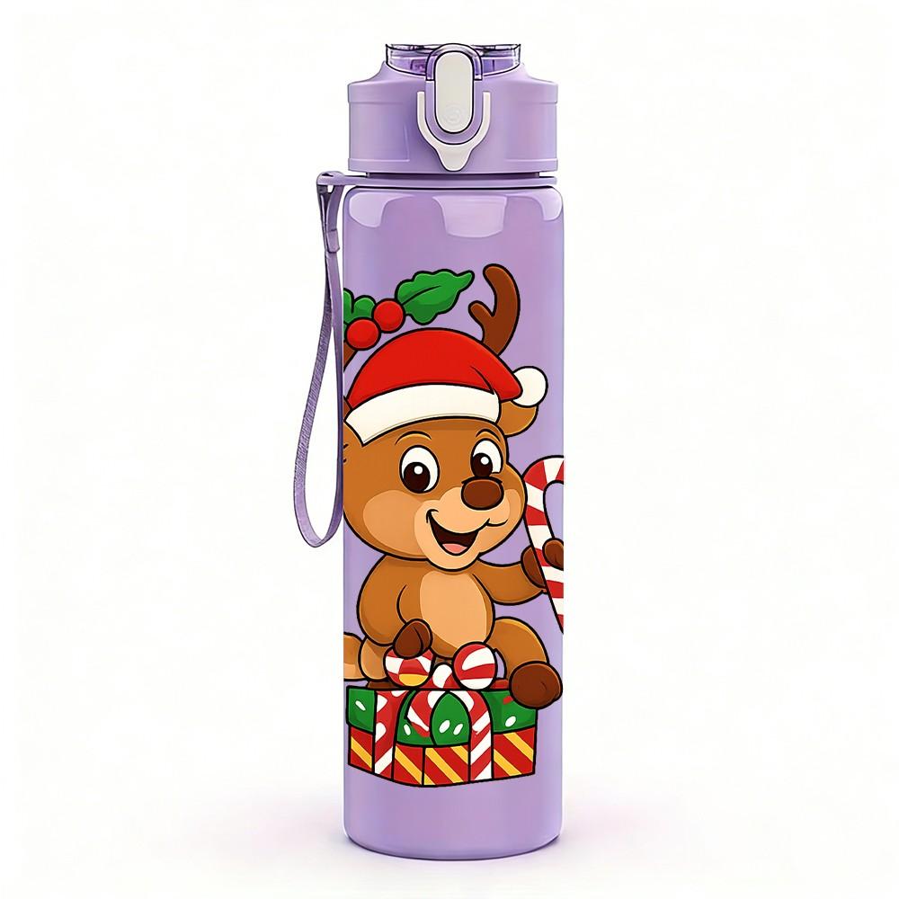 1PC Reindeer Santa Hat Christmas Pattern 750ml Color Plastic Sports Water Bottle Leakproof Flip Straw Lid Suitable for Sports Office Home Use