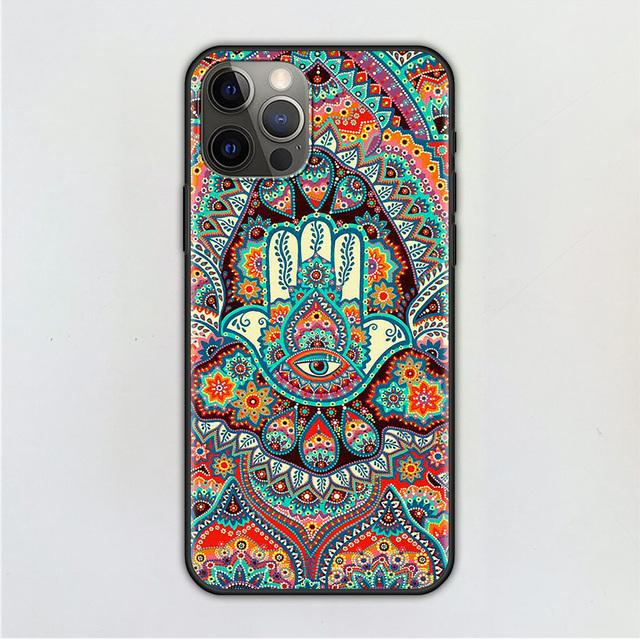 Handyhülle für iPhone 14 12 Mini 11 Pro X Xs Max Xr 8 7 6 6s Plus Schwarz TPU Fundas Capa Hamsa Hand Amulett Psychedelic Art