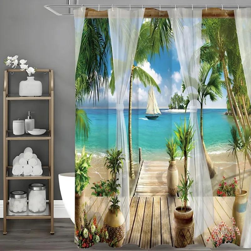 Balcony Beach Seaview Shower Curtain, Floral Ocean Palm Tree Sailboat Bathroom Decorative Shower Curtain, Waterproof Shower Curt