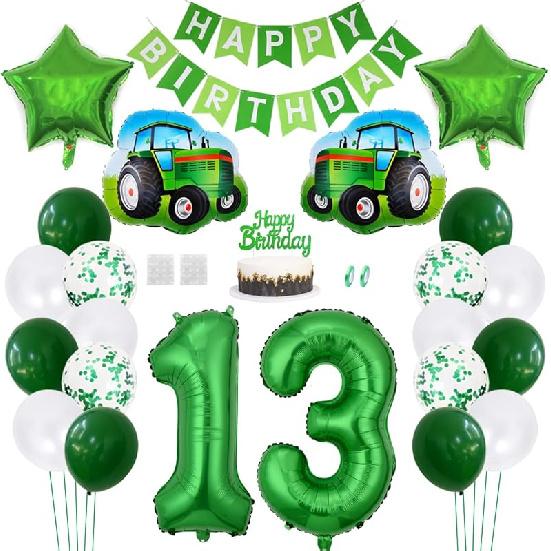 Daimay 23PCS Farm Green Tractor Birthday Decorations Party Supplies - 13rd Happy Birthday Banner, Farm Barn Balloon, Green Number Foil Balloon, Cake 13