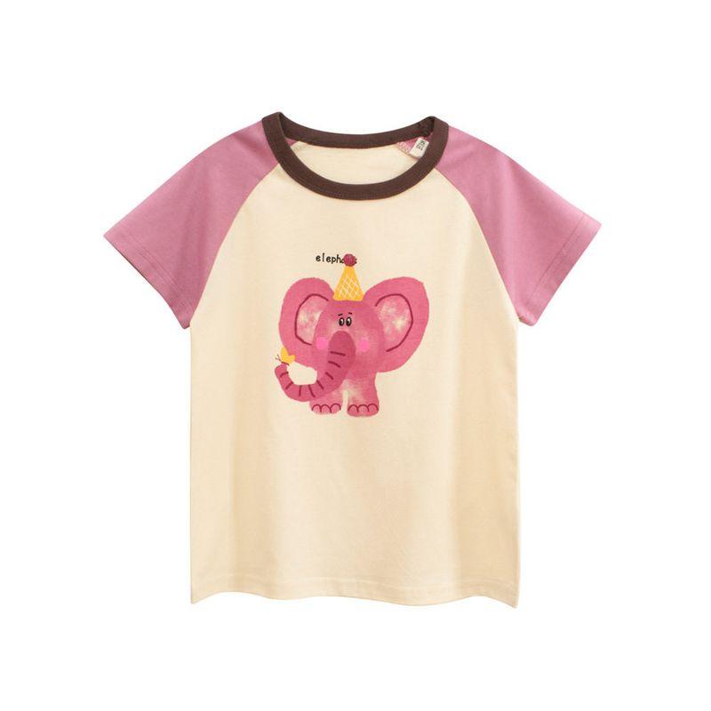 27Home Kidsren's Short-Sleeved T-Shirt Summer New Style Girls Baby Clothes Cartoon Elephant Print Top Pure Cotton