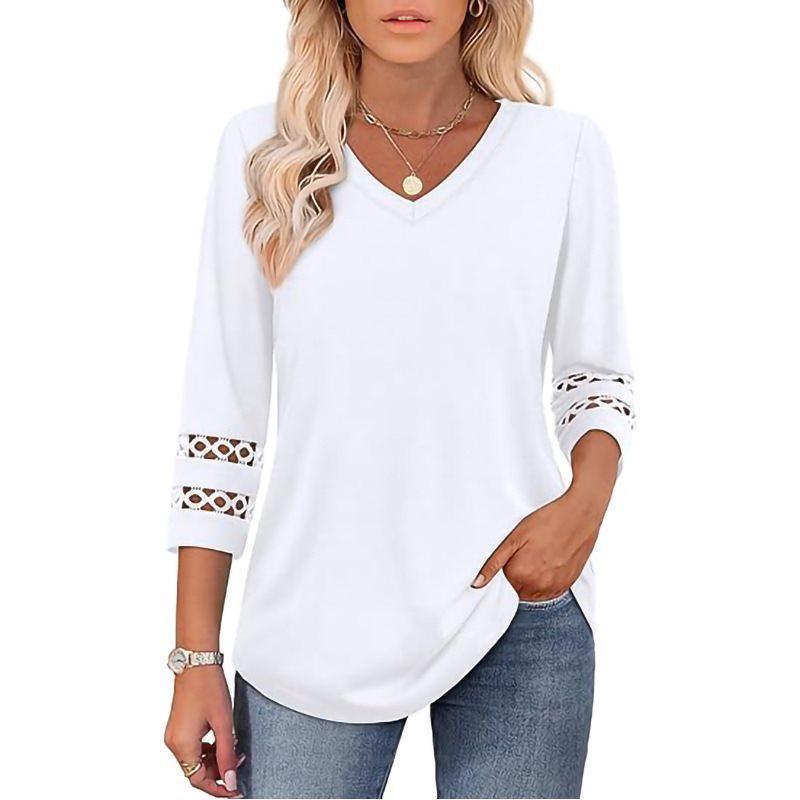2026 Women's Fashion Solid Color V-Neck Loose Three-Quarter Sleeve Round Neck Hollow-Out Casual Top