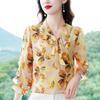 Spring Summer New Bow Tie Chiffon Shirt Women's Three Quarter Sleeve Top Elegant Fashion Floral Printing Chiffon Blouse Femme